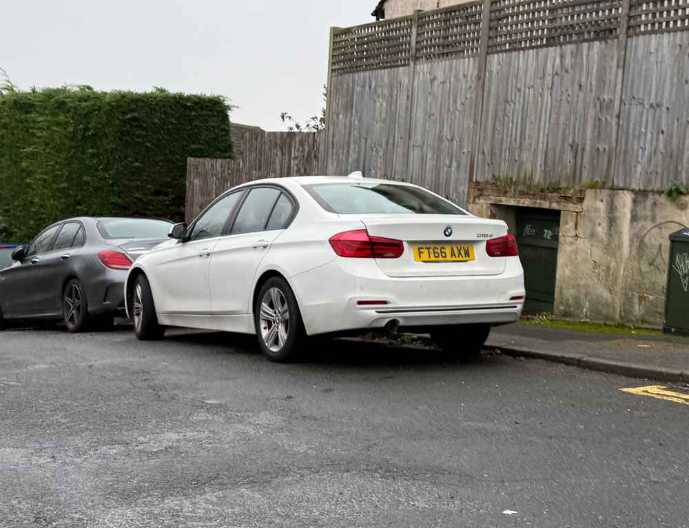 Photograph of FT66 AXW - a White BMW 3 Series parked in Hollingdean by a non-resident who uses the local area as part of their Brighton commute. The twenty-second of twenty-three photographs supplied by the residents of Hollingdean.