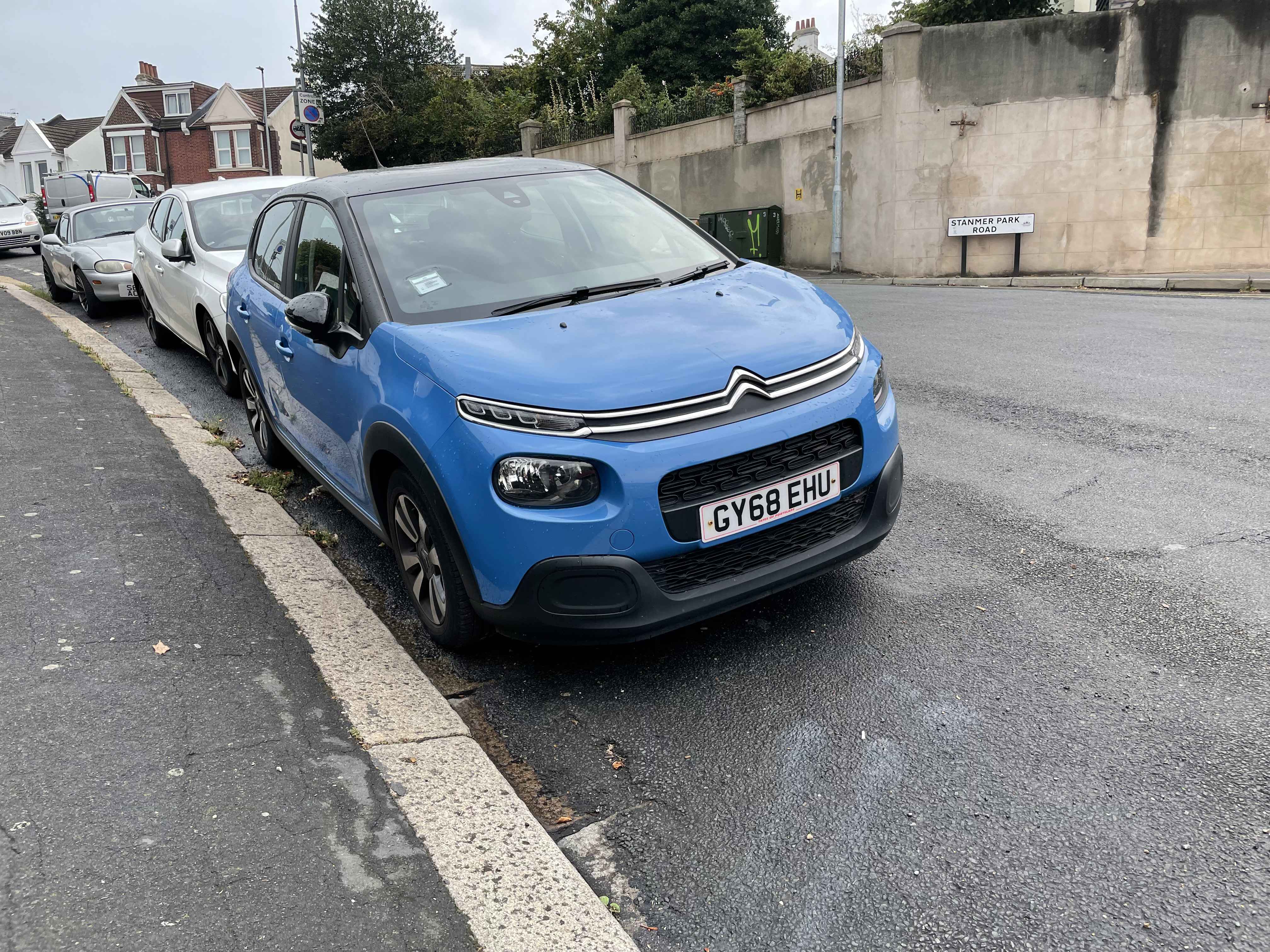 Photograph of GY68 EHU - a Blue Citroen C3 parked in Hollingdean by a non-resident who uses the local area as part of their Brighton commute. The third of twelve photographs supplied by the residents of Hollingdean.