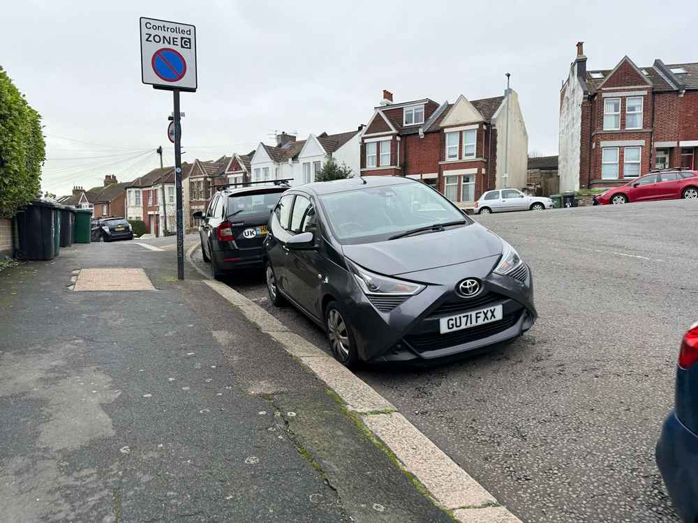 Photograph of GU71 FXX - a Grey Toyota Aygo parked in Hollingdean by a non-resident who uses the local area as part of their Brighton commute. The eighth of nine photographs supplied by the residents of Hollingdean.