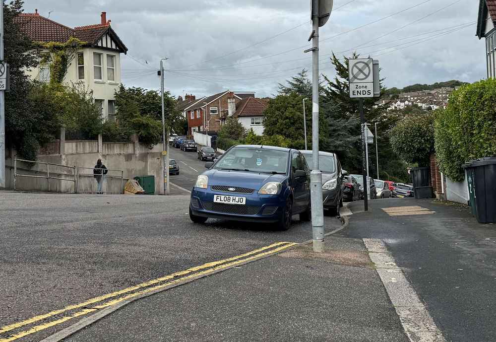 Photograph of FL08 HJO - a Blue Ford Fiesta parked in Hollingdean by a non-resident who uses the local area as part of their Brighton commute. The second of three photographs supplied by the residents of Hollingdean.