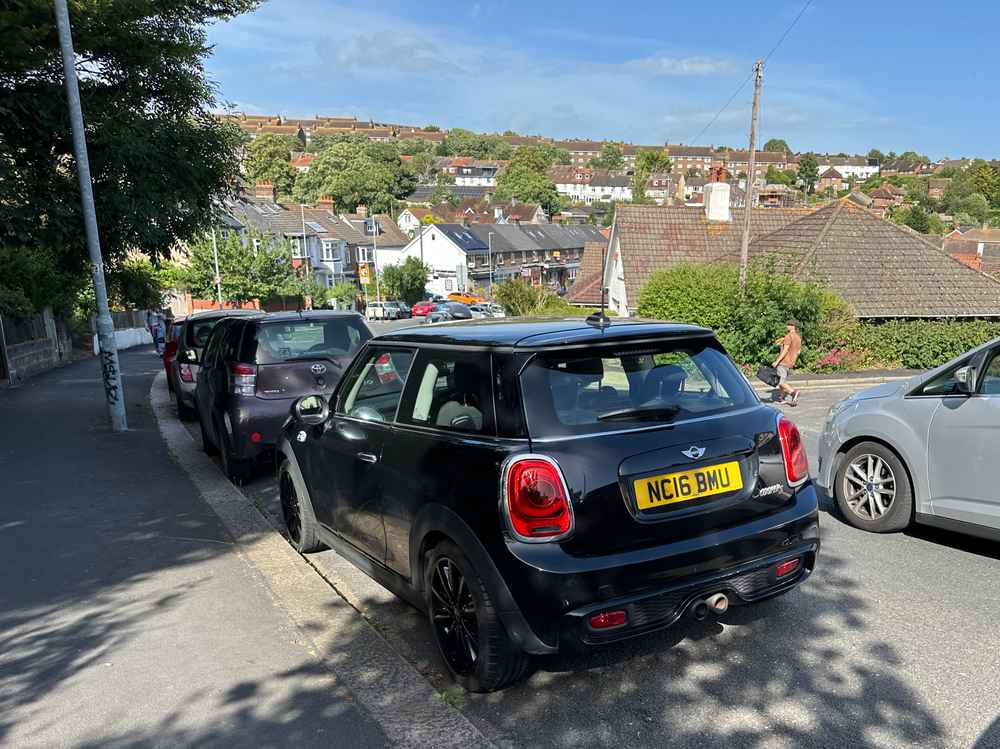 Photograph of NC16 BMU - a Black Mini Cooper parked in Hollingdean by a non-resident who uses the local area as part of their Brighton commute. The sixth of six photographs supplied by the residents of Hollingdean.