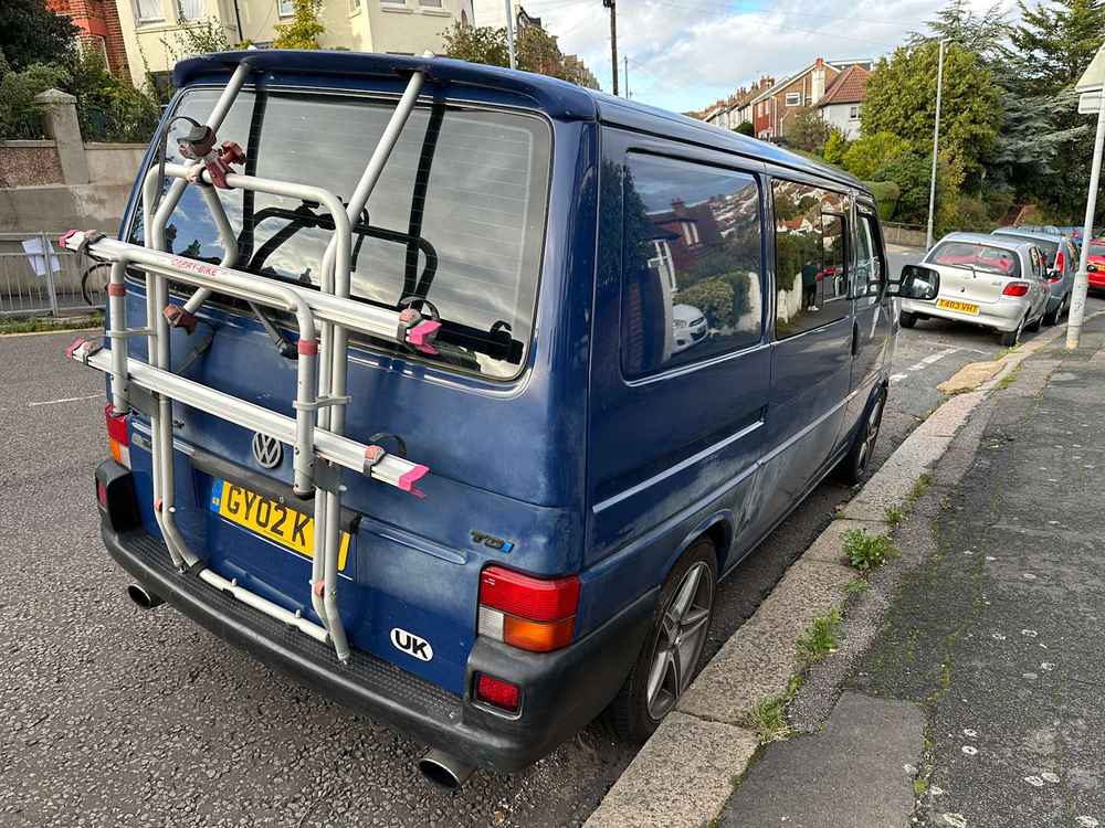 Photograph of GY02 KYW - a Blue Volkswagen Transporter camper van parked in Hollingdean by a non-resident. The fourteenth of twenty-five photographs supplied by the residents of Hollingdean.