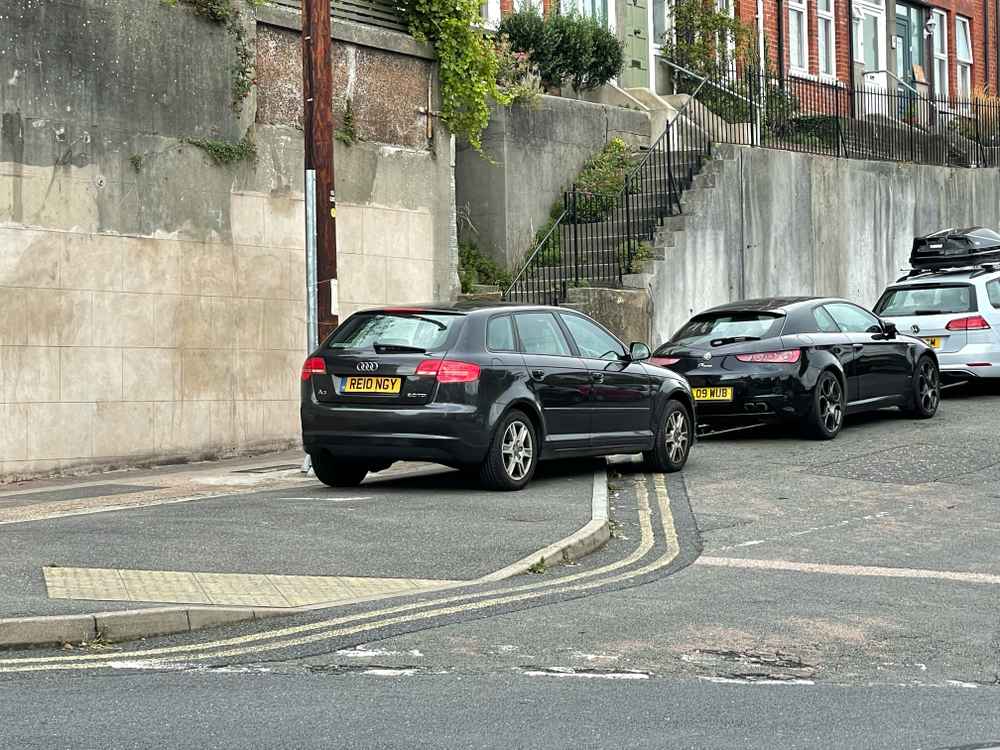 Photograph of RE10 NGY - a Black Audi A3 parked in Hollingdean by a non-resident who uses the local area as part of their Brighton commute. The first of four photographs supplied by the residents of Hollingdean.